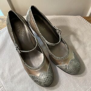 Franco Sarto Pewter Mary Jane Heels with snake skin embellishments
